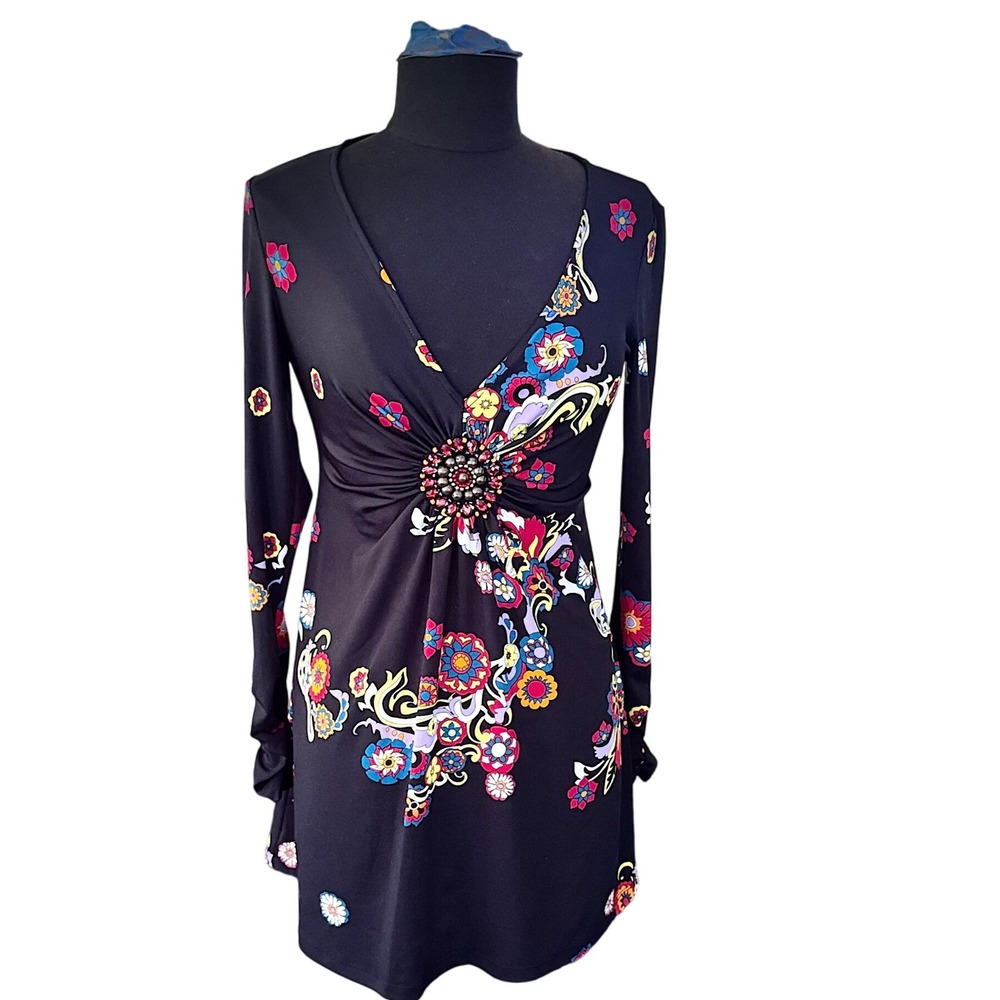 Eci Beige Black Floral Print Long Sleeve Mini Dress Jewel Detail 
Boho Hippie SM